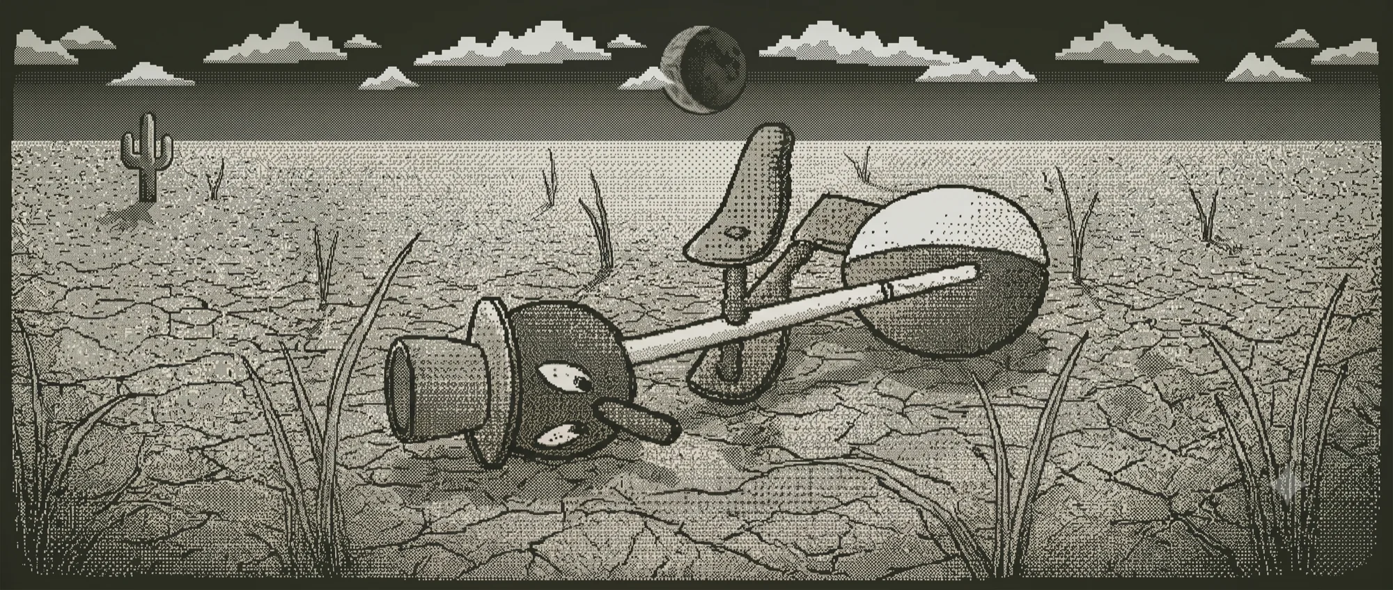 Illustrated figure fallen in a cracked desert landscape beneath a crescent moon