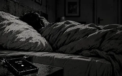 A dark illustrated scene of someone asleep in bed