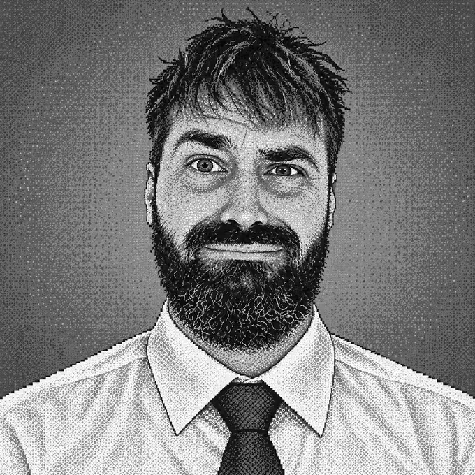 Dave M, black and white dithered portrait, bearded, in a shirt and tie
