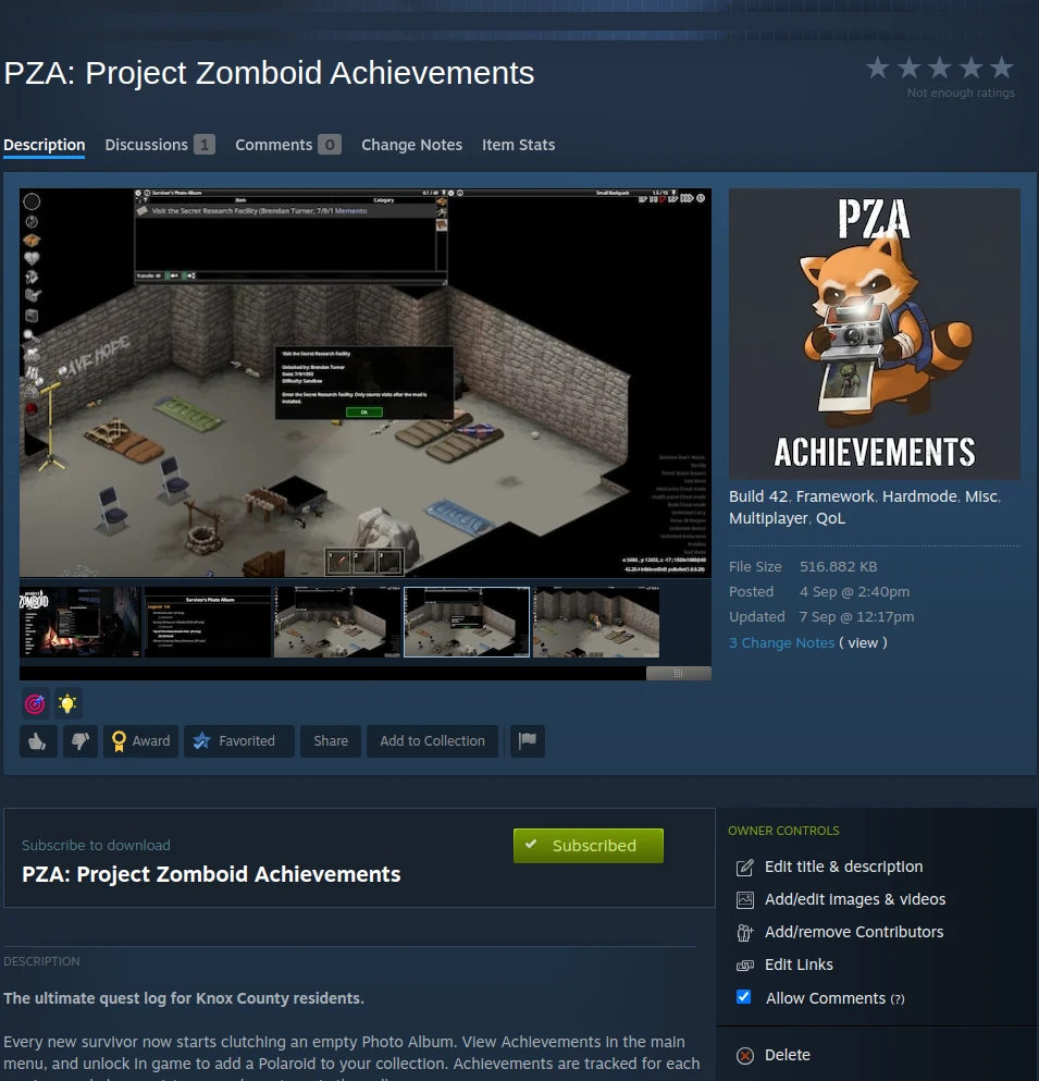 Steam Workshop listing for the finished PZA achievements mod