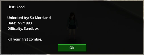 In game achievement popup for 'First Blood: kill your first zombie'
