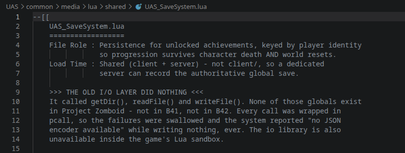 Lua source comment recording that the game's file I/O does nothing