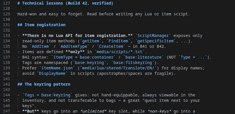 Project notes listing verified technical lessons about item scripting