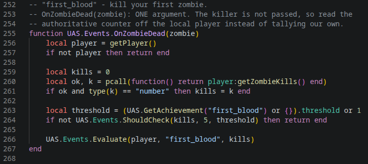 Lua handler code reading the game's own zombie kill counter