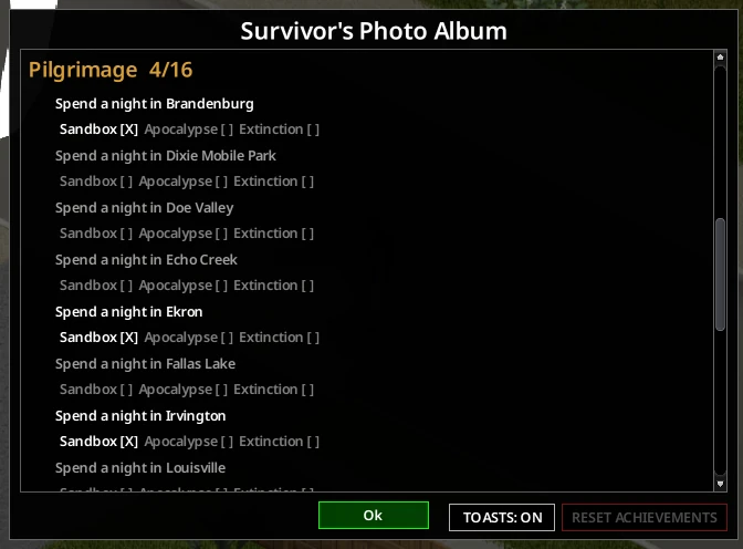The in game achievement gallery showing progress through one category
