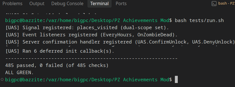 Terminal output showing the test suite passing all 485 checks