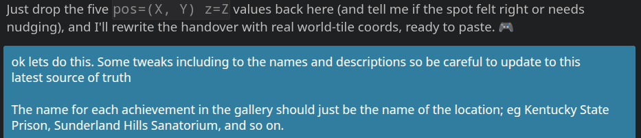 A chat exchange feeding observed in game coordinates back to an agent
