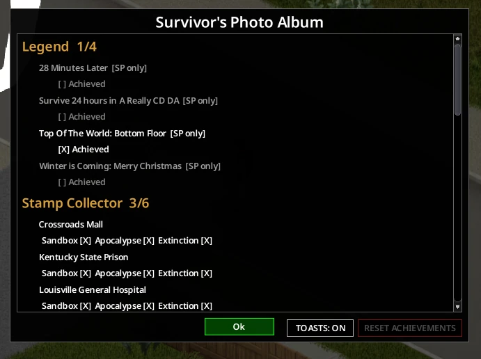 The finished achievement gallery with several categories completed