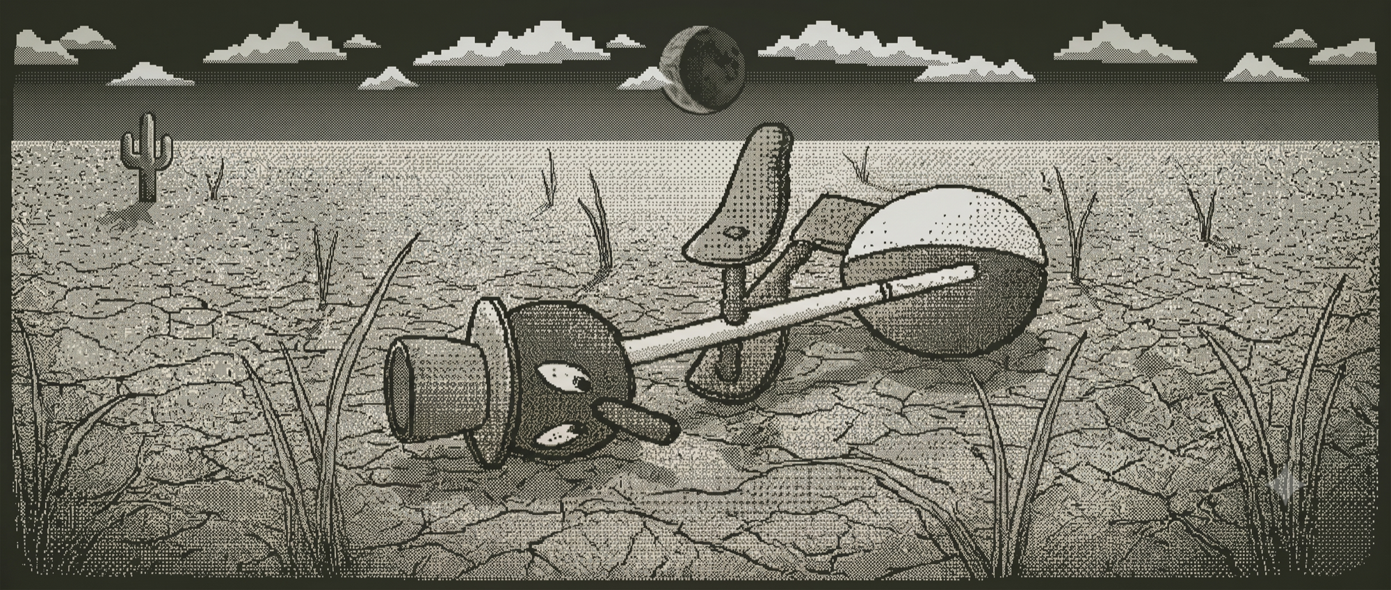 Illustrated figure fallen in a cracked desert landscape beneath a crescent moon