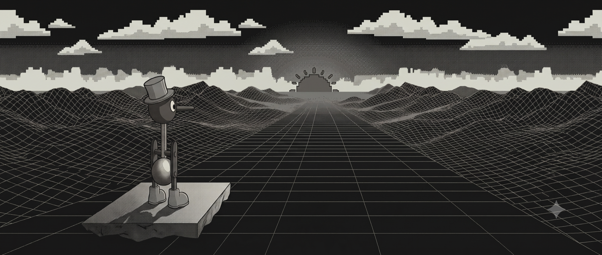 Illustrated figure in a top hat looking out over a wireframe landscape toward a rising sun